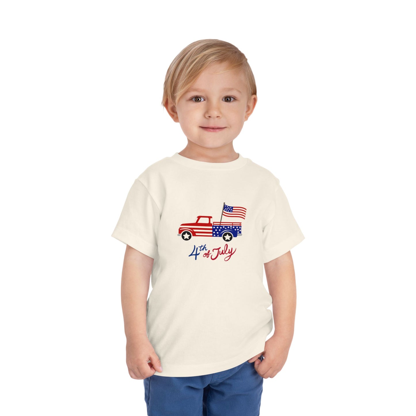 4th of July Toddler Tee – Patriotic Truck & Fireworks Kids Shirt