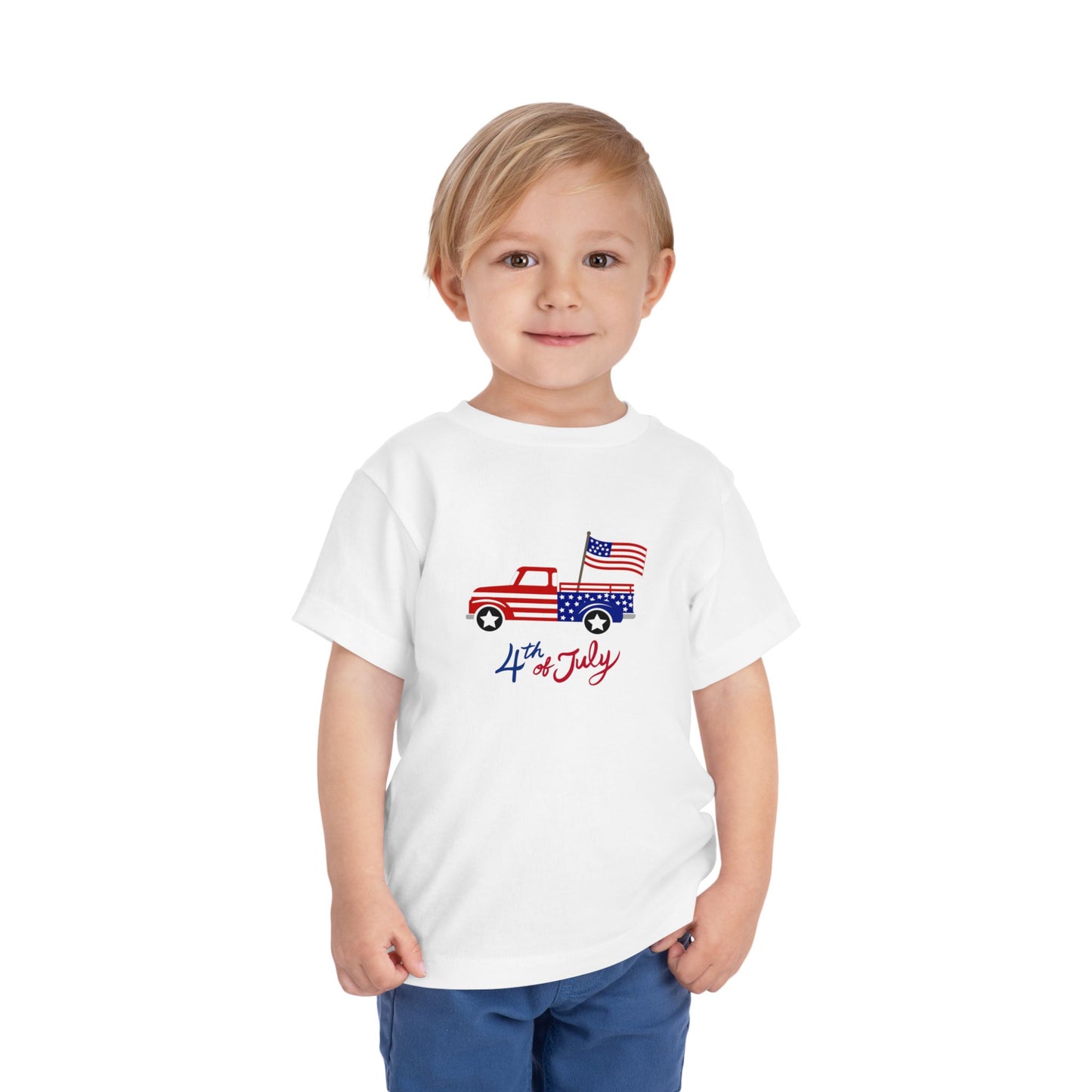 4th of July Toddler Tee – Patriotic Truck & Fireworks Kids Shirt