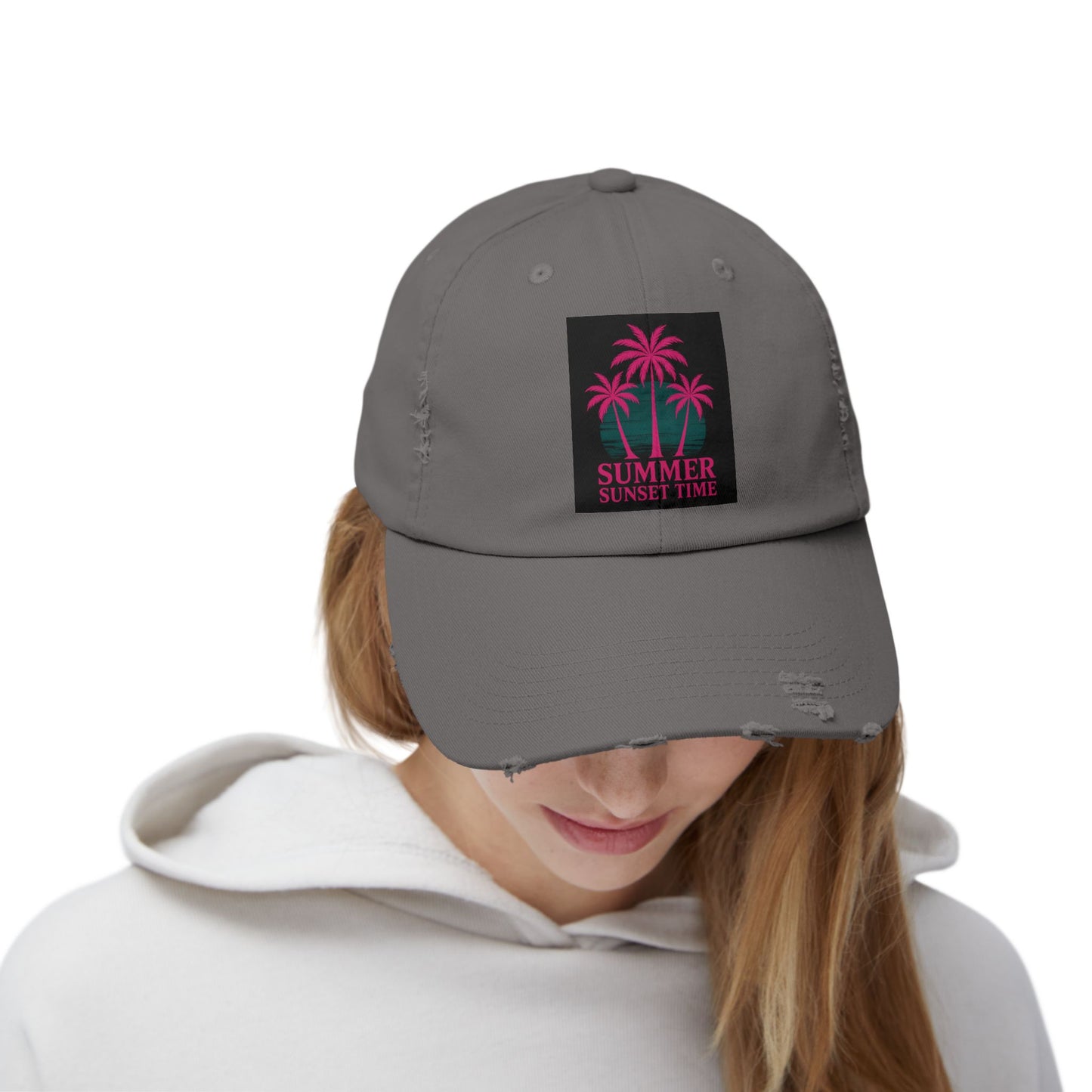Distressed Cap — "Summer Sunset Time" Palm Tree Vintage Dad Hat