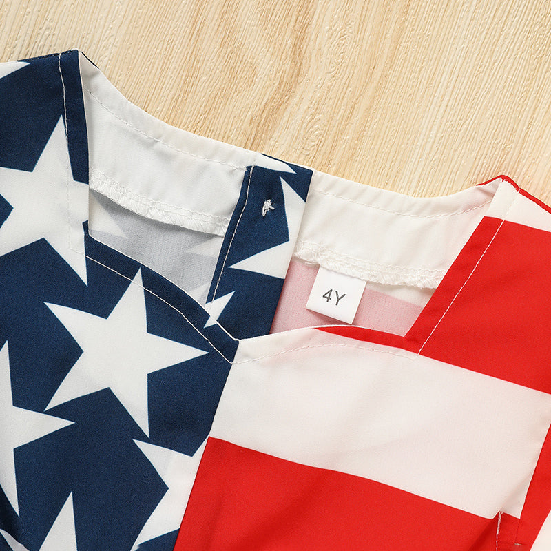 Toddler Girls' Independence Day Dress Red White & Blue Stripes And Stars Short Sleeve Twirl Dress 4th Of July