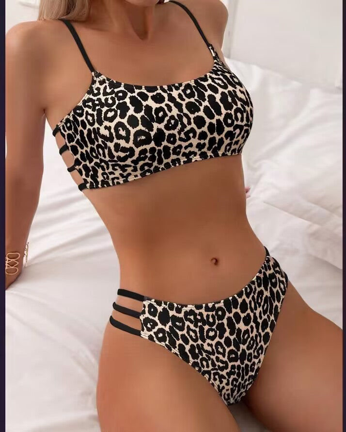 Leopard Print Contrast Color Push Up Tight Split Swimsuit