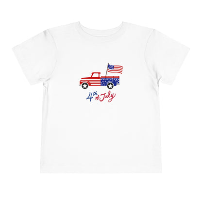 4th of July Toddler Tee – Patriotic Truck & Fireworks Kids Shirt