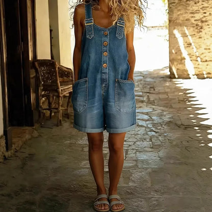 Loose Slimming High-waisted Denim Shorts Jumpsuit