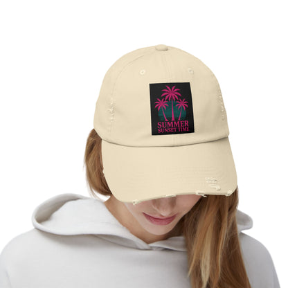 Distressed Cap — "Summer Sunset Time" Palm Tree Vintage Dad Hat
