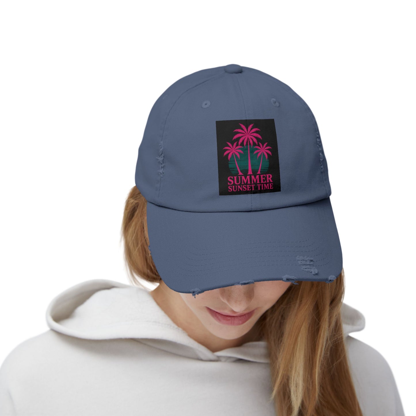 Distressed Cap — "Summer Sunset Time" Palm Tree Vintage Dad Hat