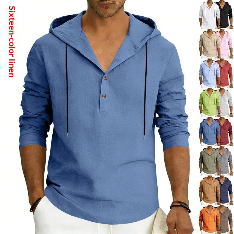 Men's Casual Linen Hoodie Long-Sleeve Top