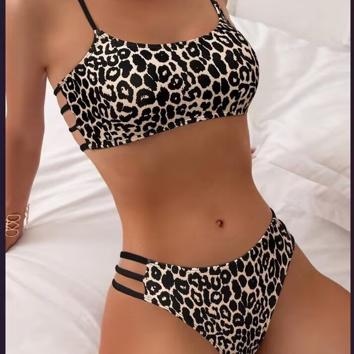 Leopard Print Contrast Color Push Up Tight Split Swimsuit