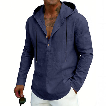 Men's Casual Linen Hoodie Long-Sleeve Top