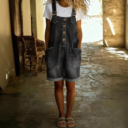 Loose Slimming High-waisted Denim Shorts Jumpsuit